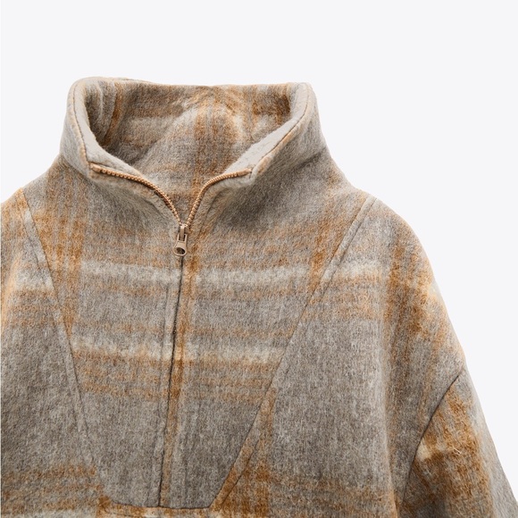 NWT. Zara Tan/Grey Wool Blend Plaid Sweatshirt. Size L. - Picture 7 of 14